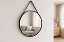 Espelho Decorativo Redondo 60cm Moldura Preta com Alça Couro